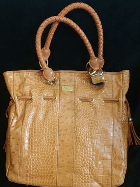 Braided-Handle Croc Ostrich-Embossed Tote in Tan